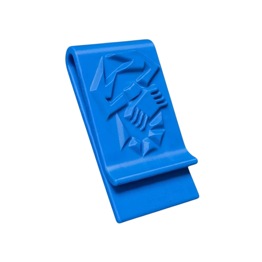 Blaue 3D-gedruckte Abarth Geldklammer mit Skorpion-Logo zur sicheren Aufbewahrung von Geldscheinen