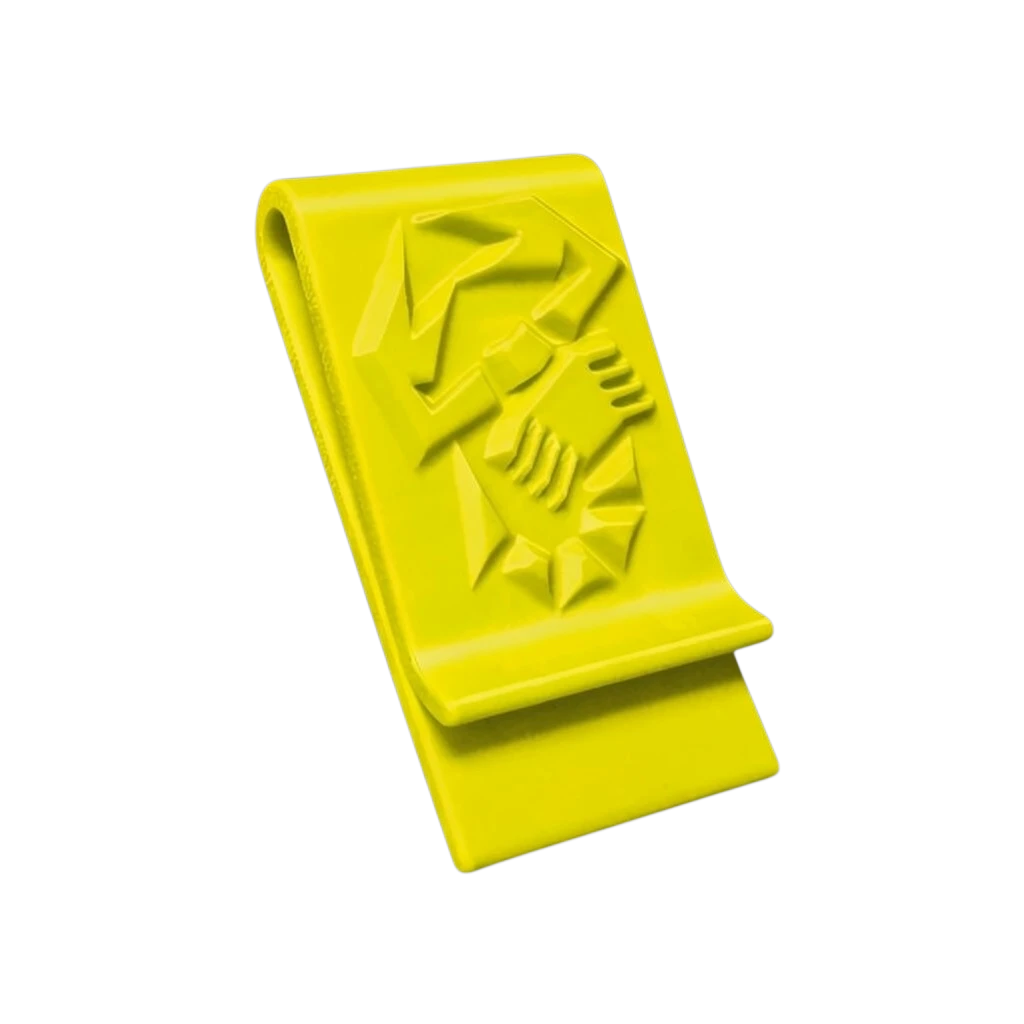 Gelbe 3D-gedruckte Abarth Geldklammer mit Skorpion-Logo zur sicheren Aufbewahrung von Geldscheinen
