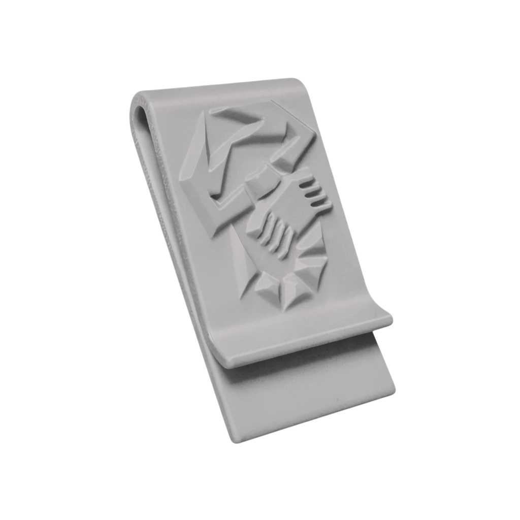 Graue 3D-gedruckte Abarth Geldklammer mit Skorpion-Logo zur sicheren Aufbewahrung von Geldscheinen