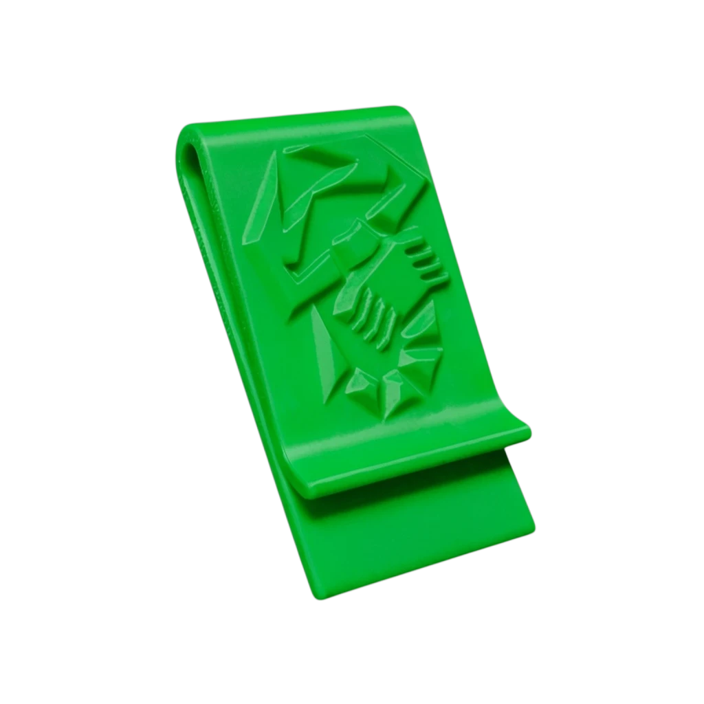 Grüne 3D-gedruckte Abarth Geldklammer mit Skorpion-Logo zur sicheren Aufbewahrung von Geldscheinen