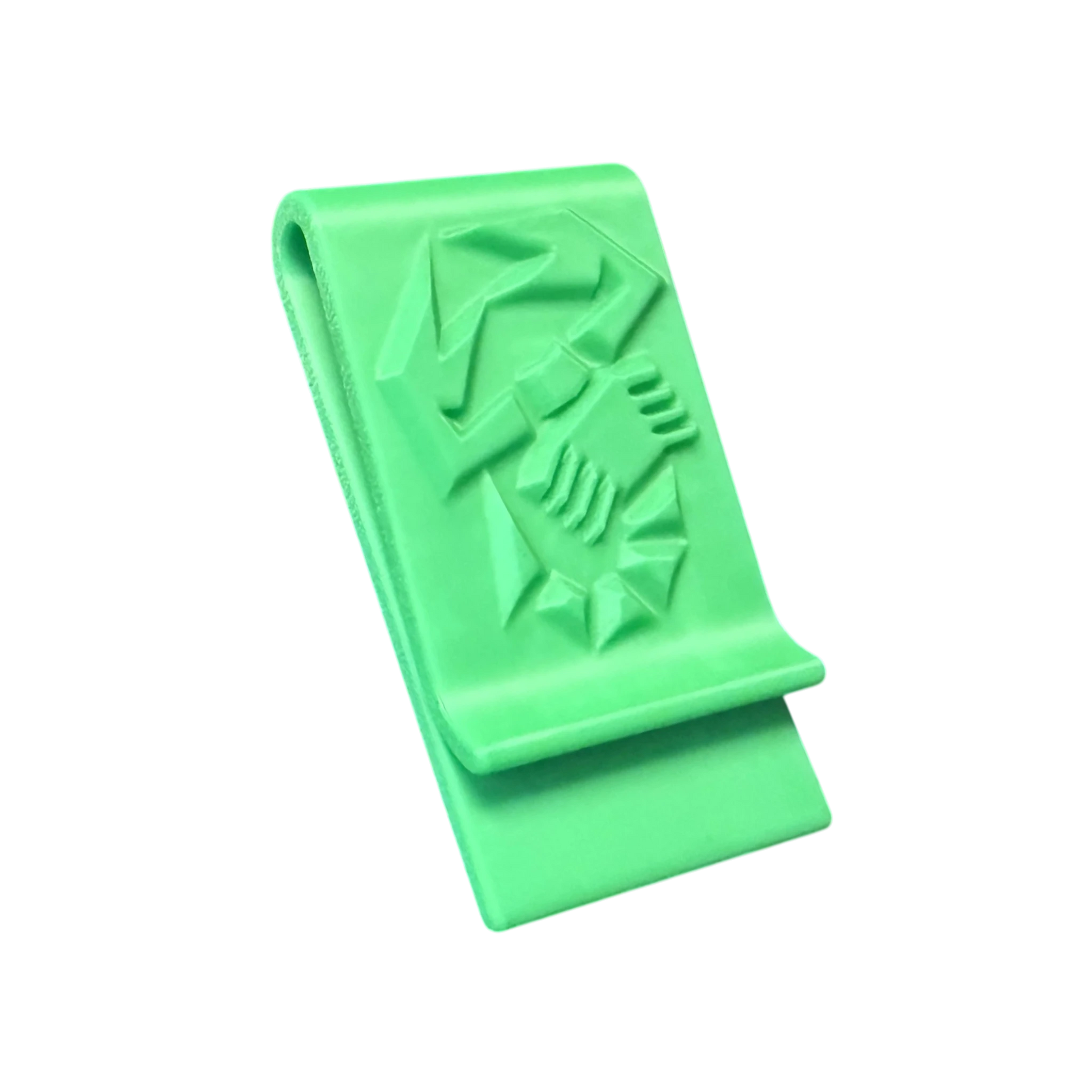 Grüne 3D-gedruckte Abarth Geldklammer mit Skorpion-Logo zur sicheren Aufbewahrung von Geldscheinen