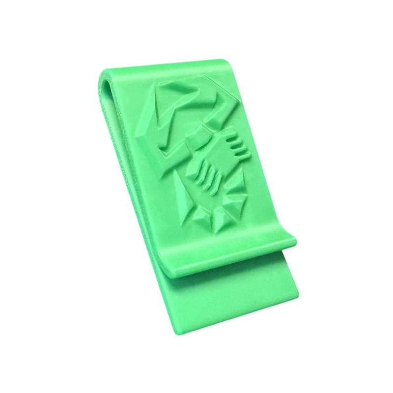Grüne 3D-gedruckte Abarth Geldklammer mit Skorpion-Logo zur sicheren Aufbewahrung von Geldscheinen