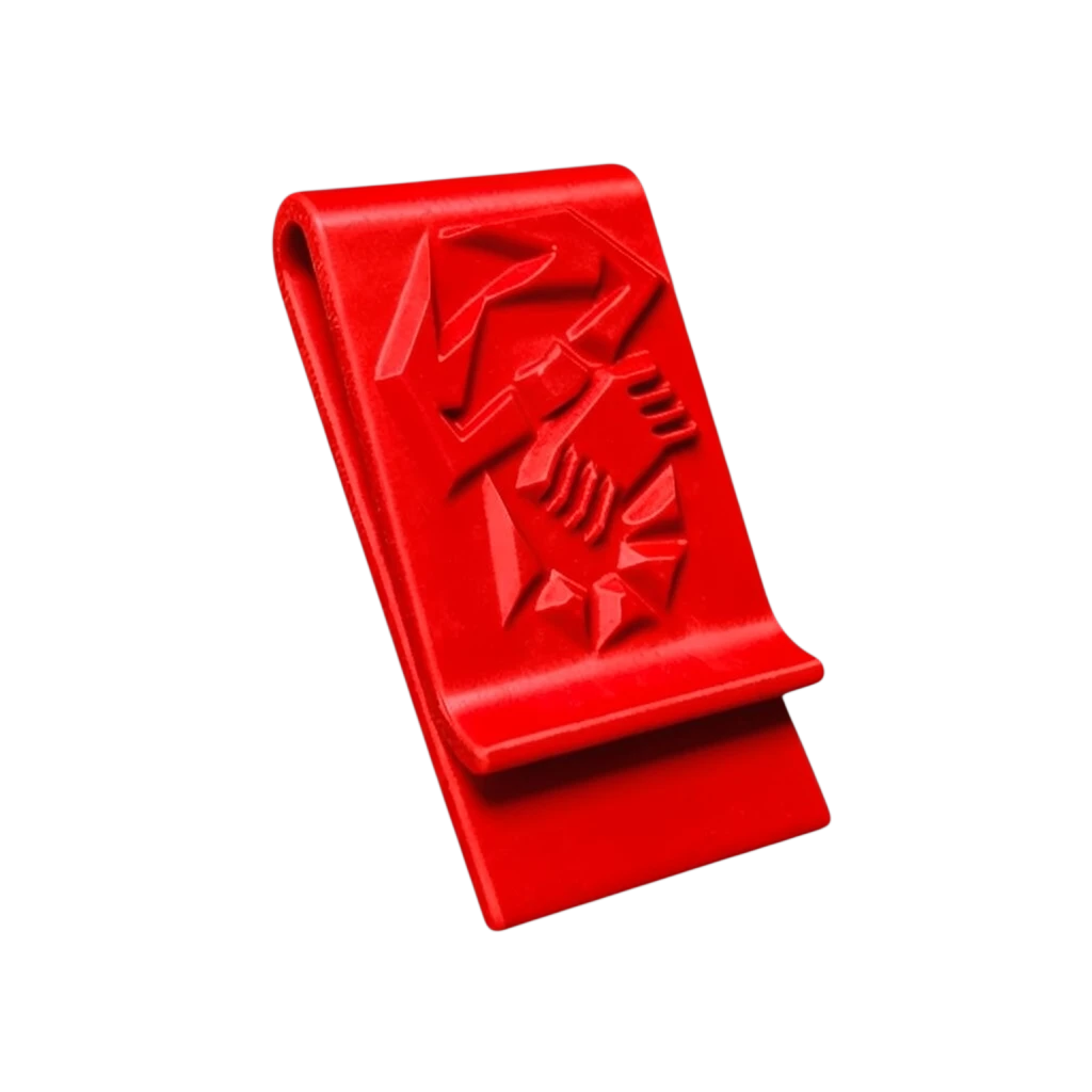 Rote 3D-gedruckte Abarth Geldklammer mit Skorpion-Logo zur sicheren Aufbewahrung von Geldscheinen