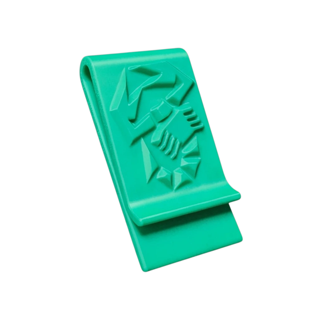 Türkise 3D-gedruckte Abarth Geldklammer mit Skorpion-Logo zur sicheren Aufbewahrung von Geldscheinen