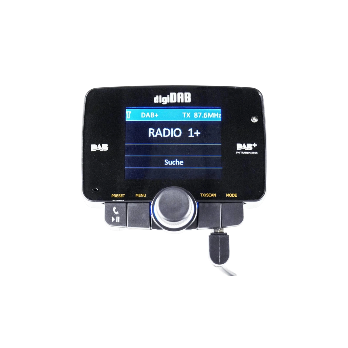 digiDAB DAB+ FM Transmitter für Auto mit Display, Drehregler und Radioadapter zur Nachrüstung von digitalem DAB+ Empfang im Fahrzeug.