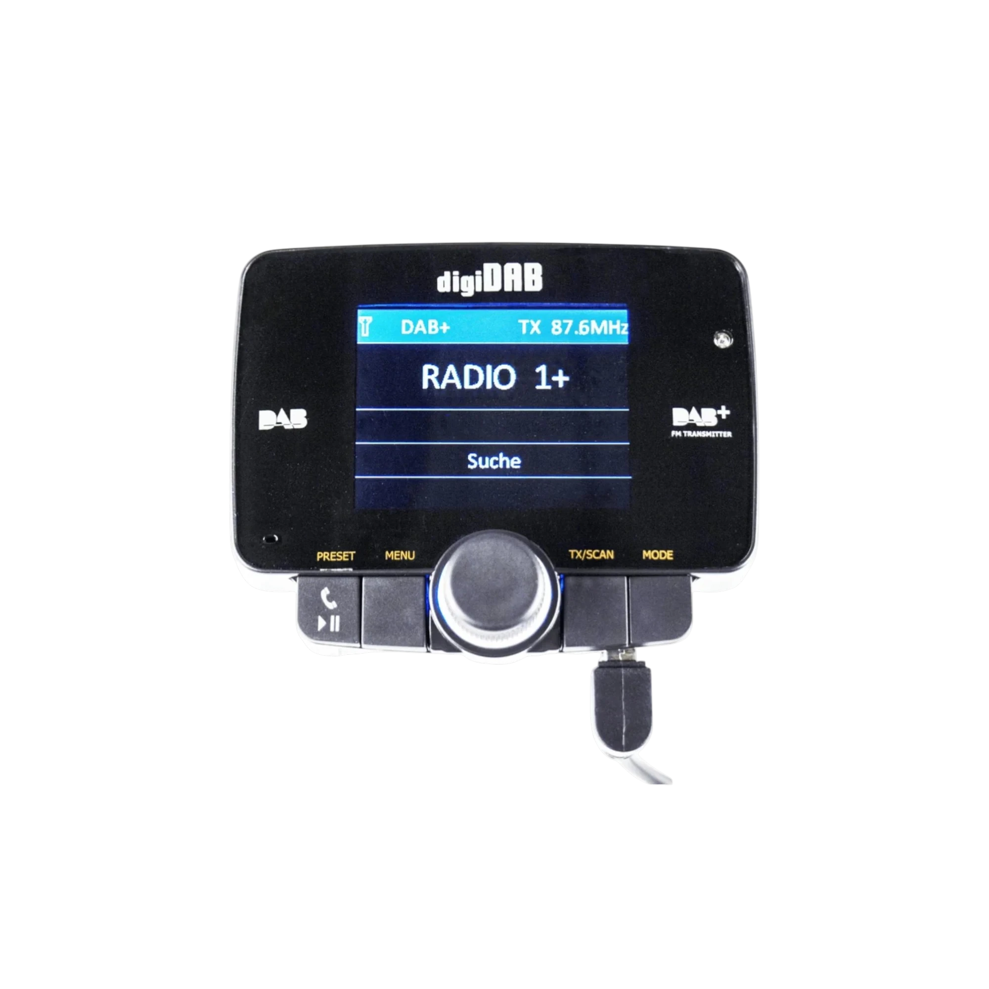 digiDAB DAB+ FM Transmitter für Auto mit Display, Drehregler und Radioadapter zur Nachrüstung von digitalem DAB+ Empfang im Fahrzeug.