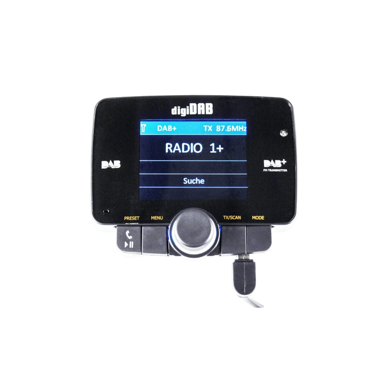 digiDAB DAB+ FM Transmitter für Auto mit Display, Drehregler und Radioadapter zur Nachrüstung von digitalem DAB+ Empfang im Fahrzeug.