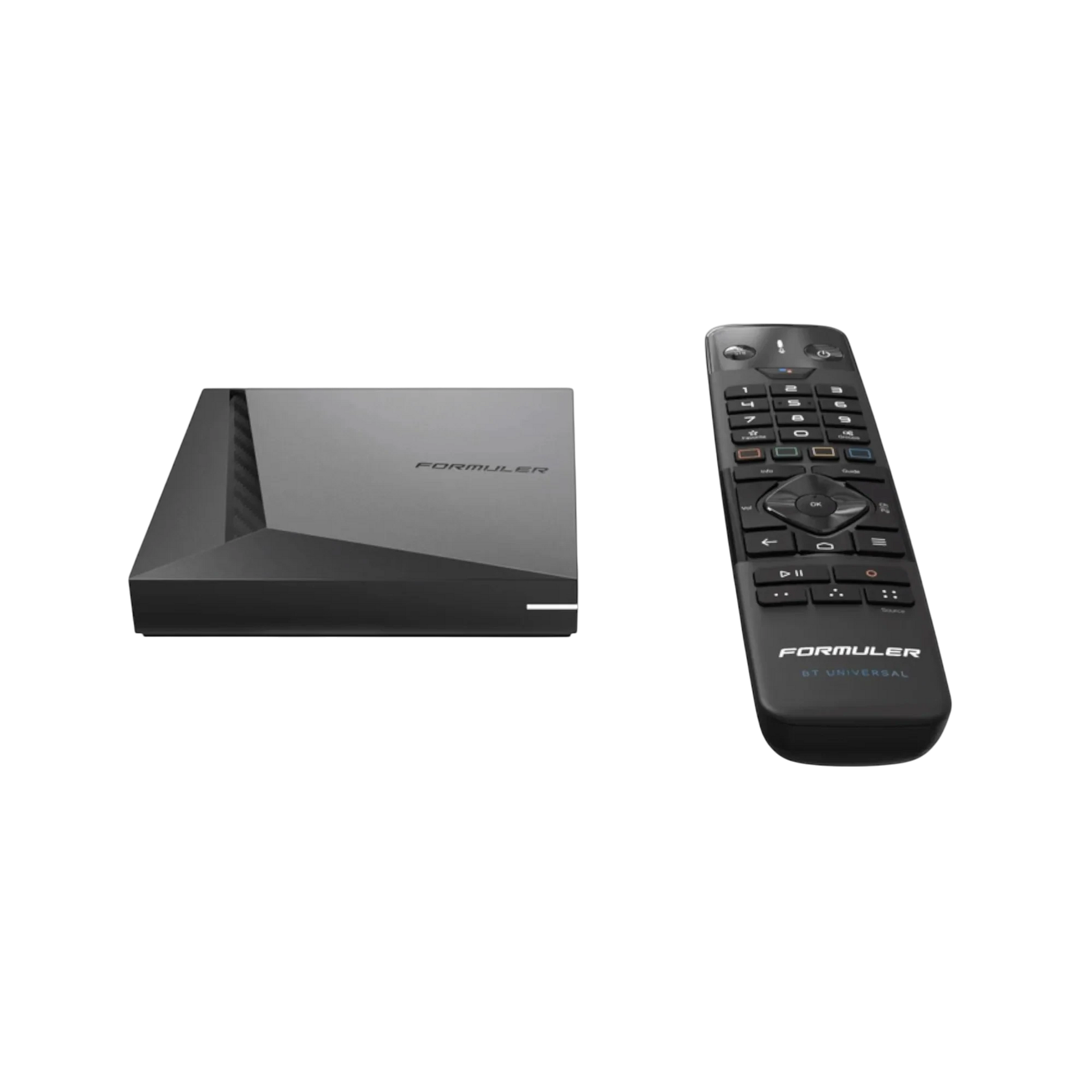 Formuler Android TV Box mit BT1 Universal-Fernbedienung für IPTV, Streaming und Media Player Anwendungen in schwarzem Design.