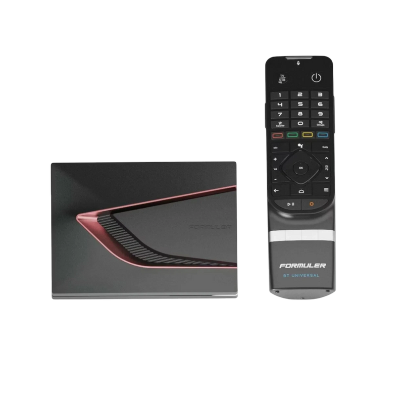 Formuler Android TV Box mit Universal-Fernbedienung in Schwarz – moderner Streaming Media Player für IPTV, Smart TV und Multimedia-Anwendungen.
