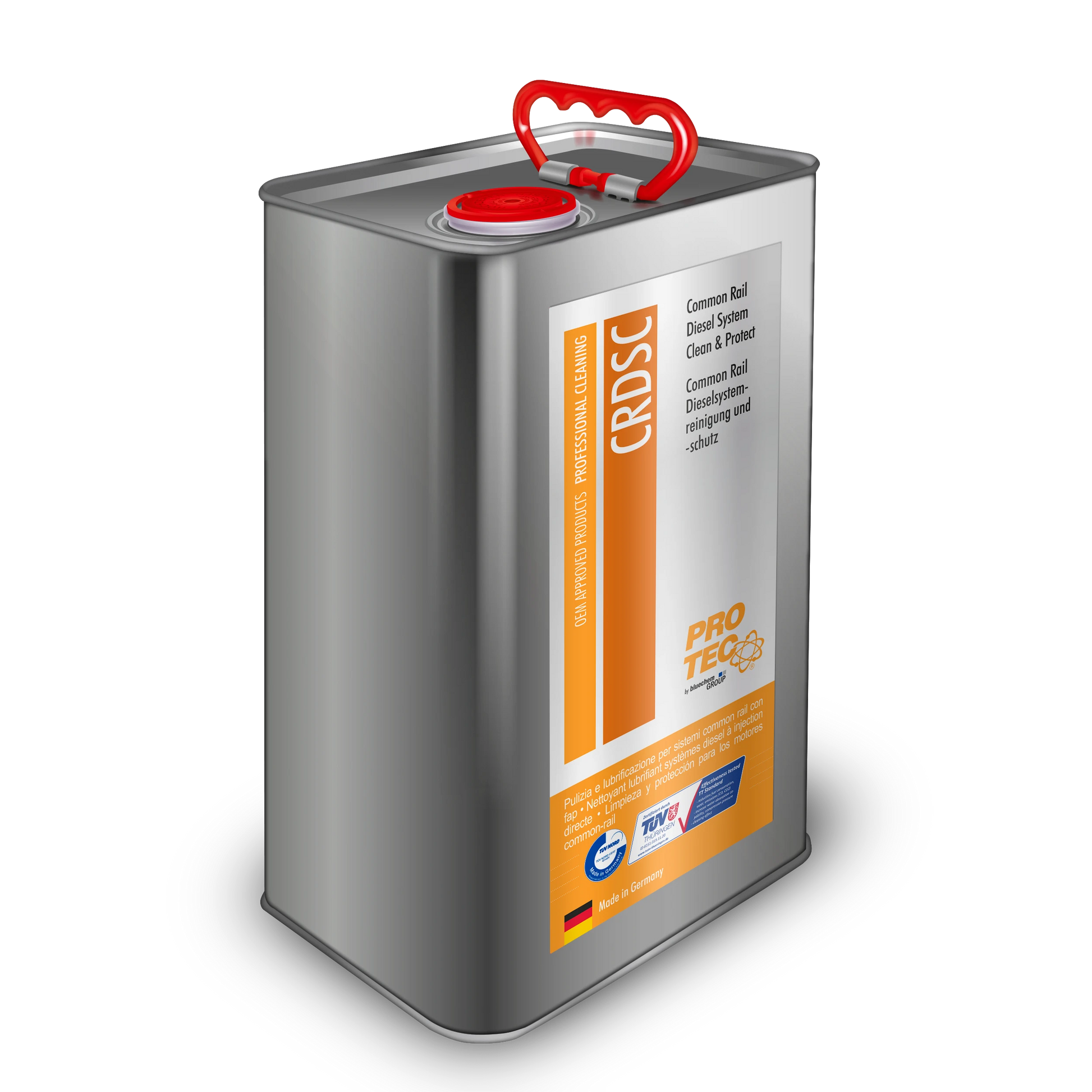 PRO-TEC CRDSC Common Rail Diesel Systemreiniger im Großgebinde-Kanister für professionelle Reinigung und Schutz von Diesel-Kraftstoffsystemen.