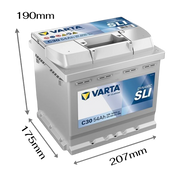 VARTA C30 Autobatterie 12V 54Ah 530A mit Abmessungen 207 x 175 x 190 mm – kompakte PKW Starterbatterie mit hoher Startleistung.