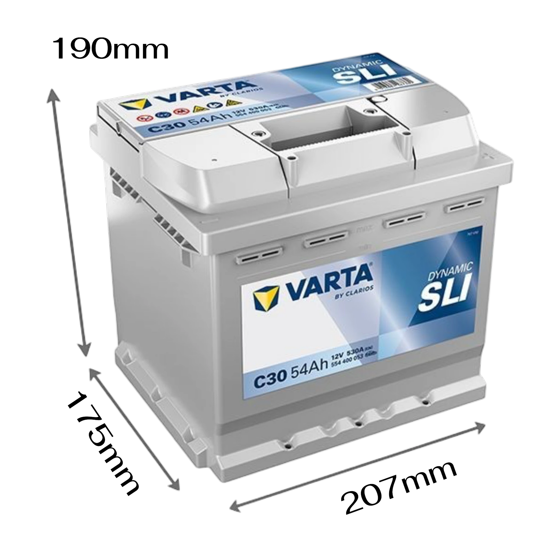 VARTA C30 Autobatterie 12V 54Ah 530A mit Abmessungen 207 x 175 x 190 mm – kompakte PKW Starterbatterie mit hoher Startleistung.