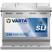 Frontansicht der VARTA Dynamic SLI C30 Autobatterie 12V 54Ah 530A – wartungsarme Starterbatterie für PKW mit zuverlässiger Startkraft.