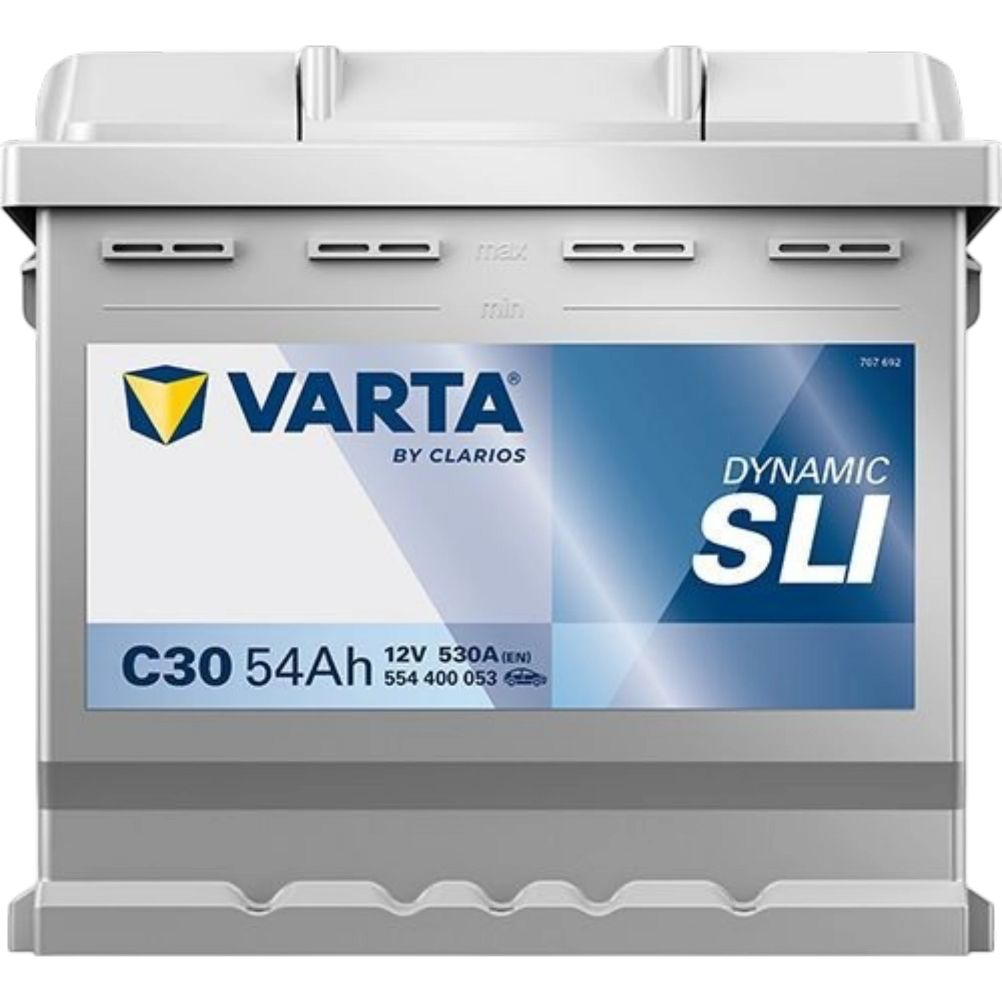 Frontansicht der VARTA Dynamic SLI C30 Autobatterie 12V 54Ah 530A – wartungsarme Starterbatterie für PKW mit zuverlässiger Startkraft.